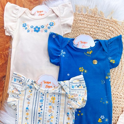 Kit 6 Peças - Floral Tropical - Creme, Off White e Azul Petróleo 